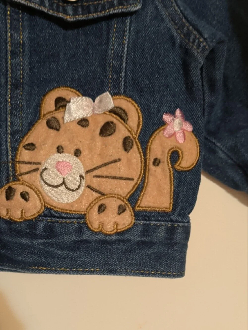 Toddler Denim Jacket with Leopard Collar and Kitty Appliqué - Dark Blue